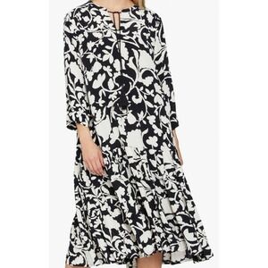Masai Nari Black White Floral Tiered Midi Dress Tassel Tie Size M‎